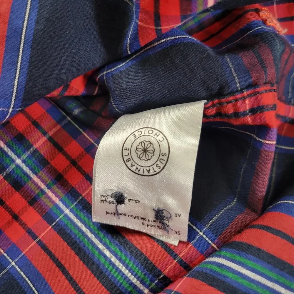 Holly Whyte Lindex Boys LG Tartan Plaid Navy Red Holiday Christmas Shirt EUC